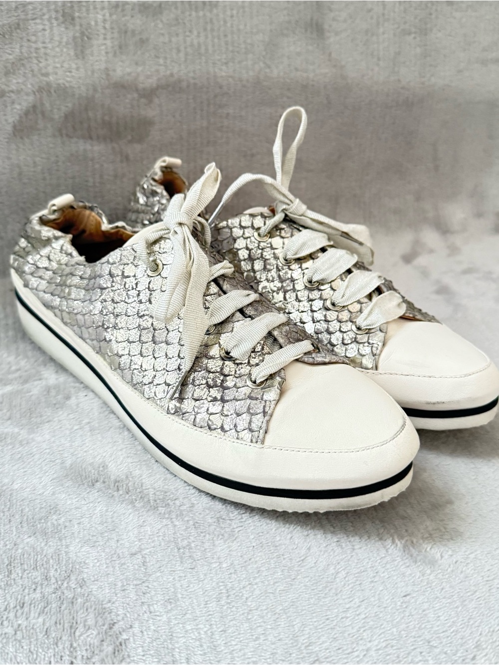 Ron White Silver Metallic Snakeskin Leather Sneakers Made in Italy 41